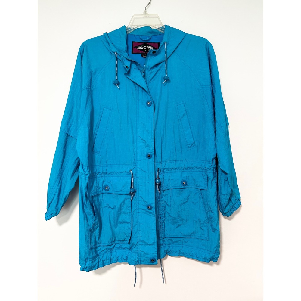 Vintage Pacific Trail Turquoise Blue Hooded Windbreaker Jacket Mens Medium
